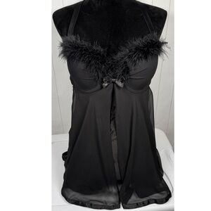 Cabernet Black Sheer Babydoll Cami Lingerie Romantic Whimsigoth Feather Trim L